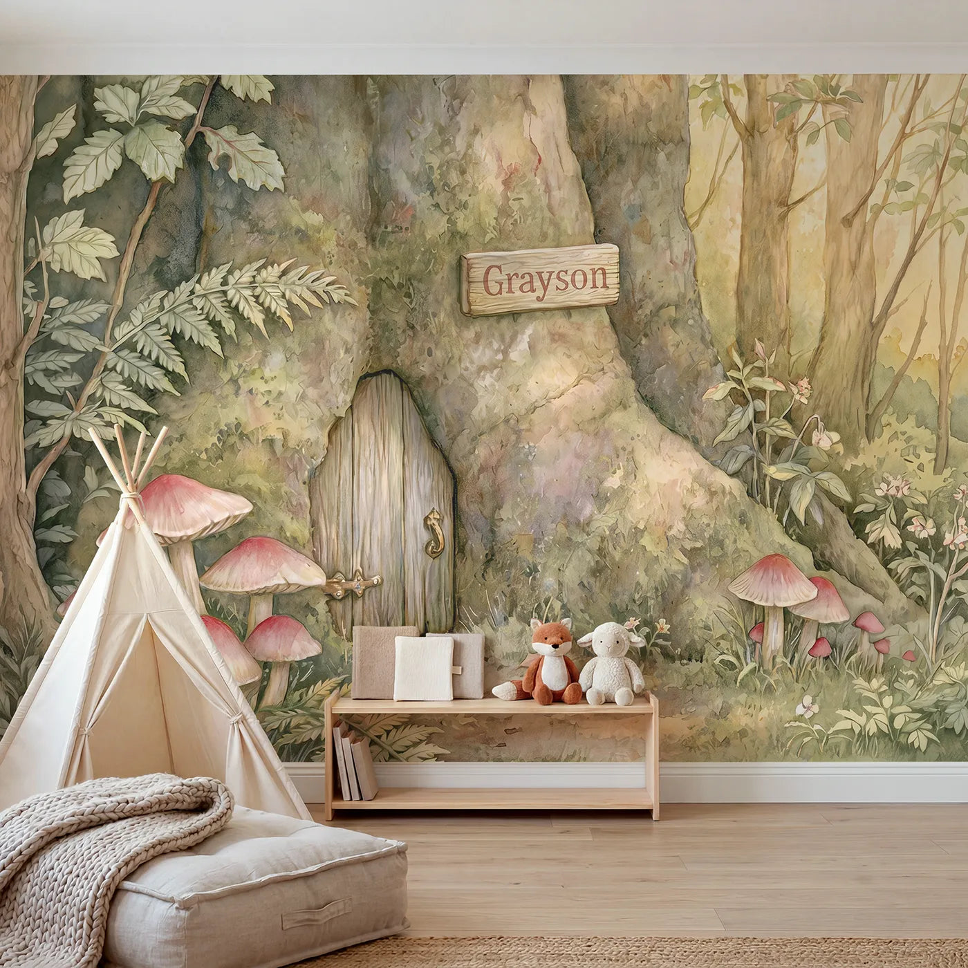 Watercolor fairy door personalized wall mural with name plaque for a kids room by Whimsy Tots