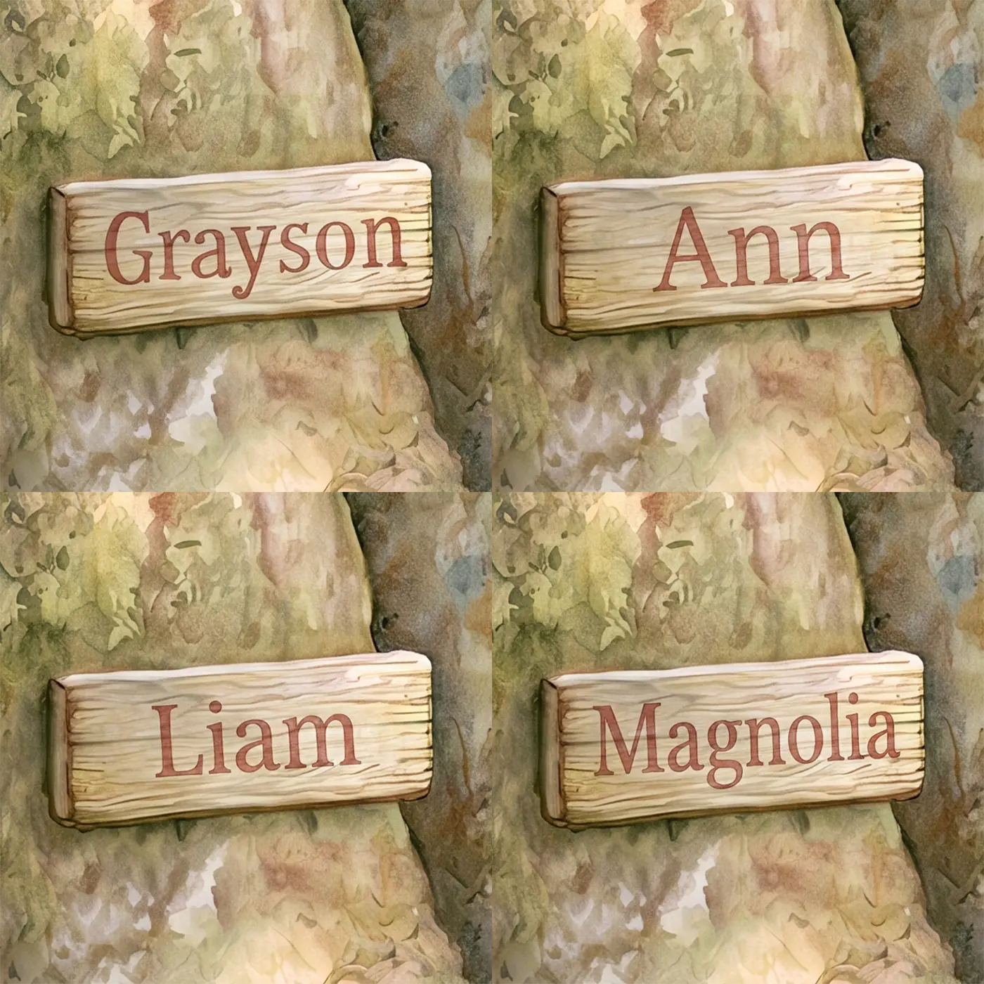 Four name preview examples of Magic Fairy Door Personalized Wall Mural by Whimsy Tots