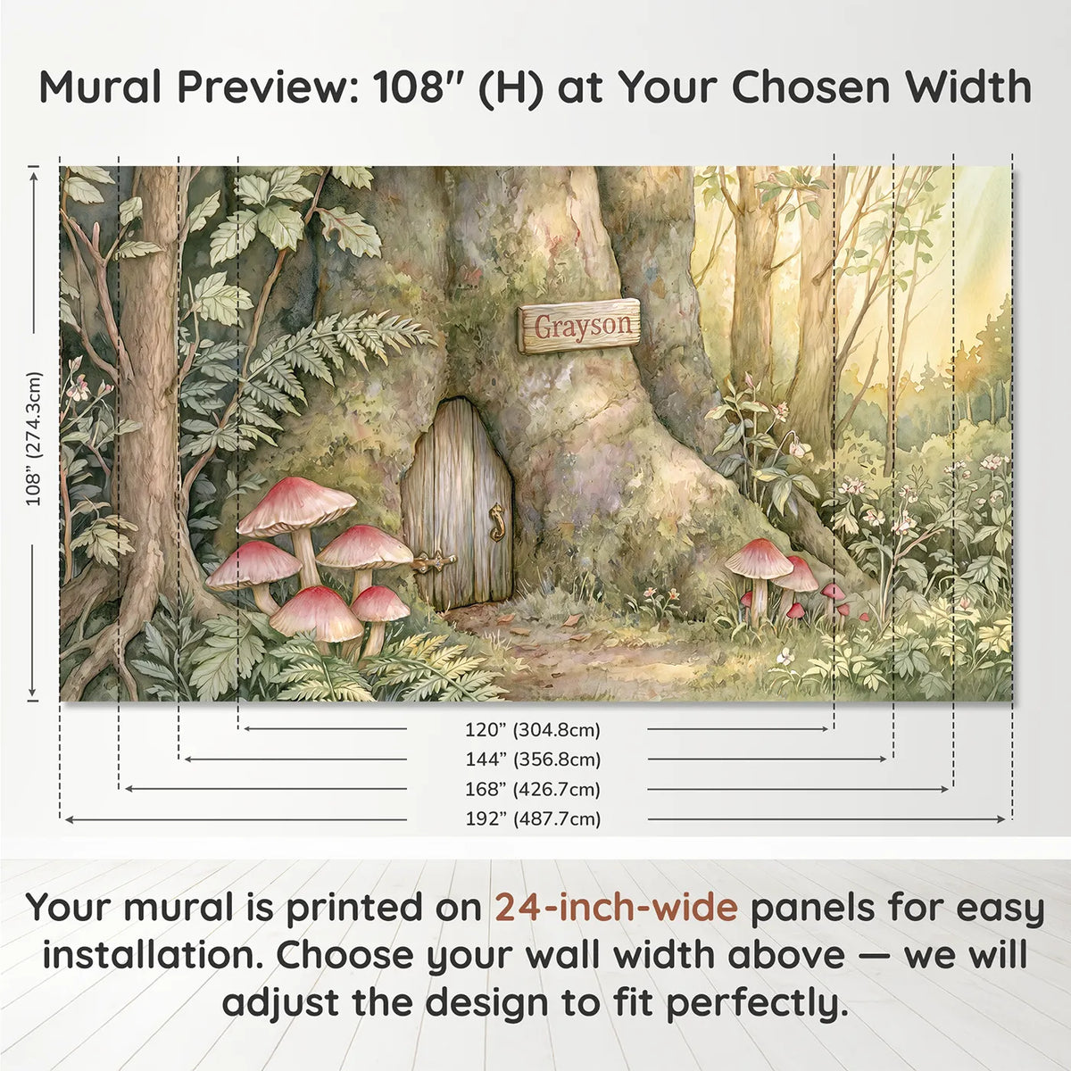 Panel layout and dimensions for Magic Fairy Door Personalized Wall Mural by Whimsy Tots