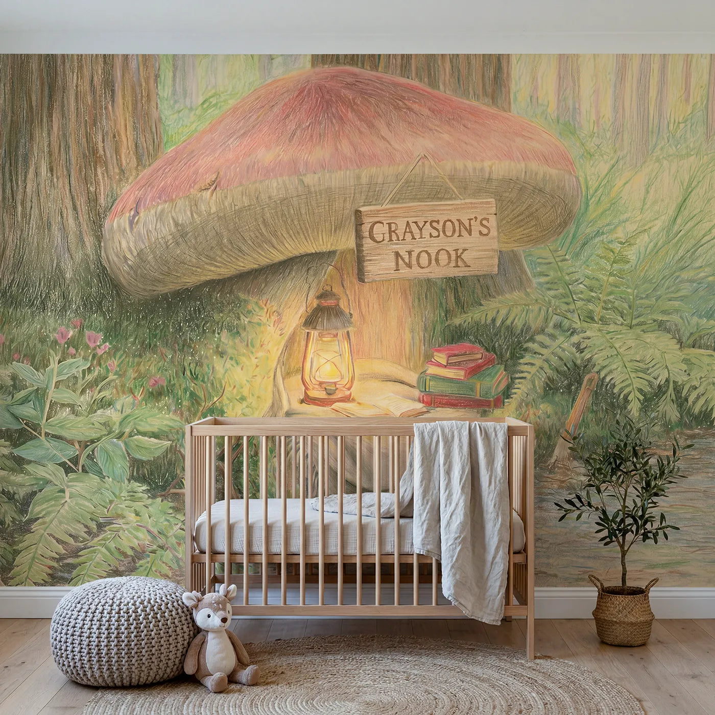 Colored Pencil reading nook personalized wall mural with name sign for a toddler room by Whimsy Tots