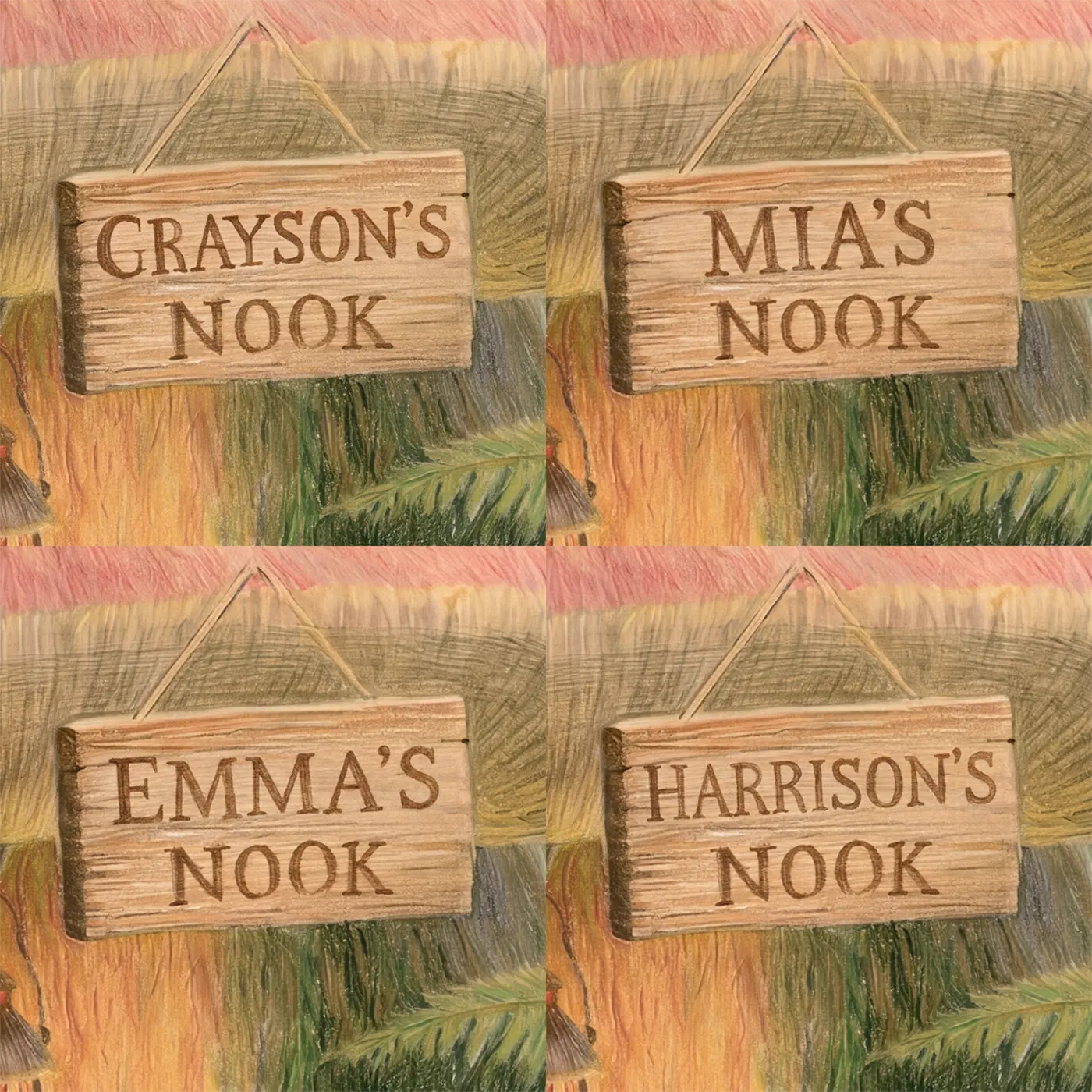 Four name preview examples of Cozy Reading Nook Personalized Wall Mural by Whimsy Tots