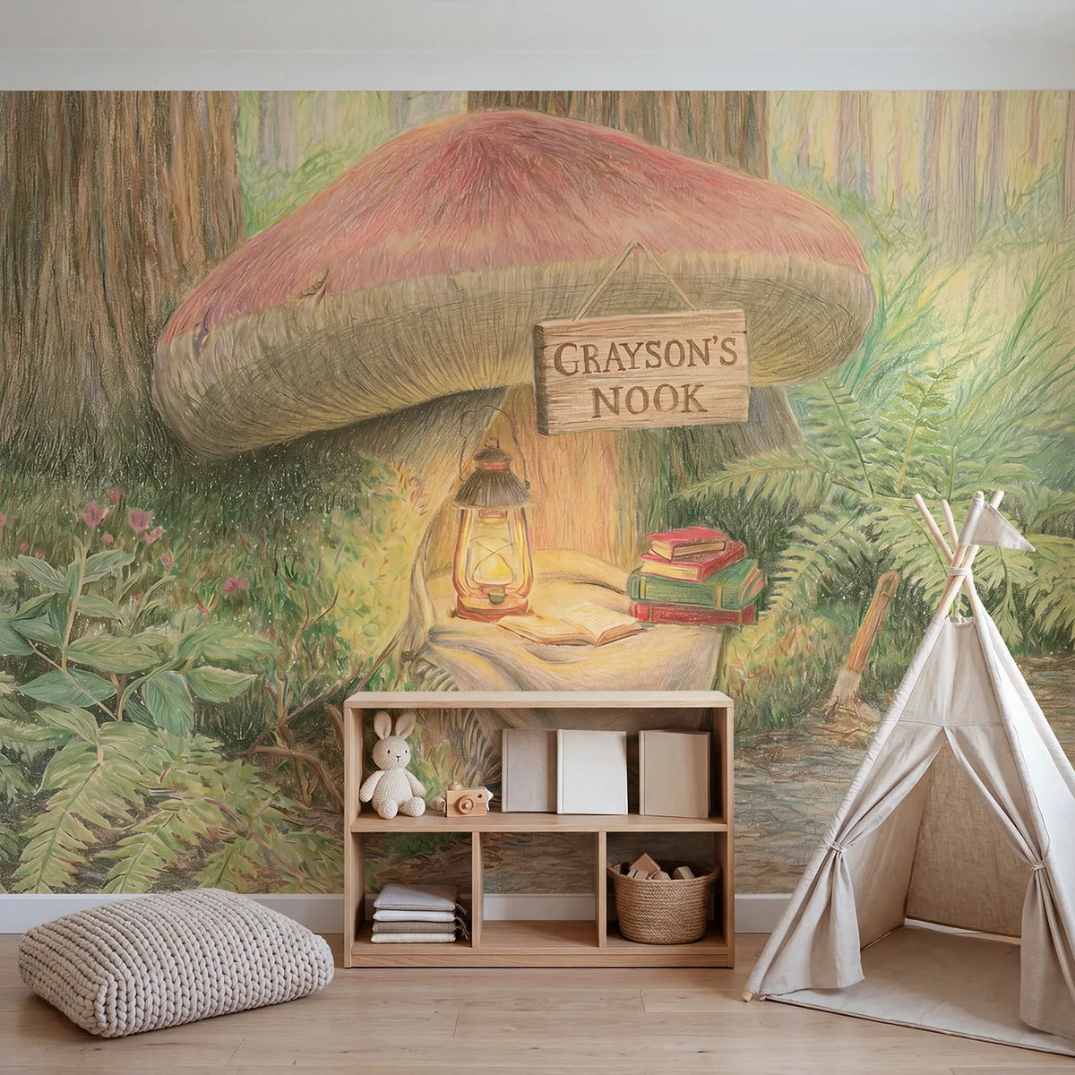 Cozy Reading Nook Personalized Wall Mural in playroom setting by Whimsy Tots