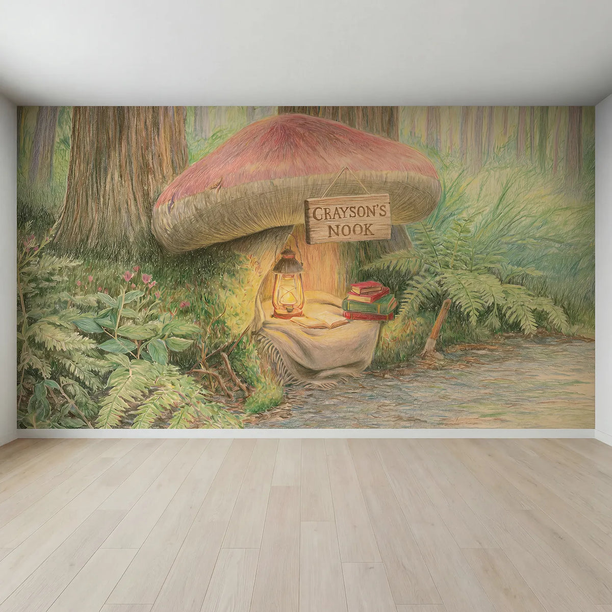Full view of Cozy Reading Nook Personalized Wall Mural by Whimsy Tots