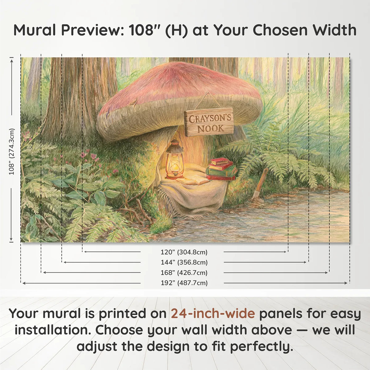 Panel layout and dimensions for Cozy Reading Nook Personalized Wall Mural by Whimsy Tots