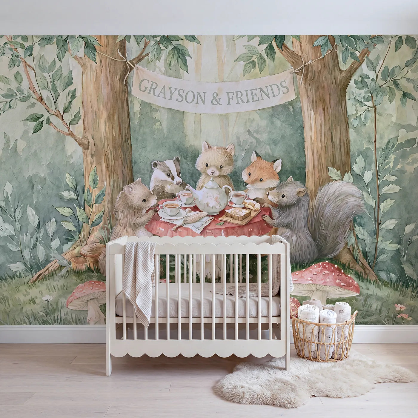 Storybook forest tea party personalized wall mural with name for a toddler room by Whimsy Tots