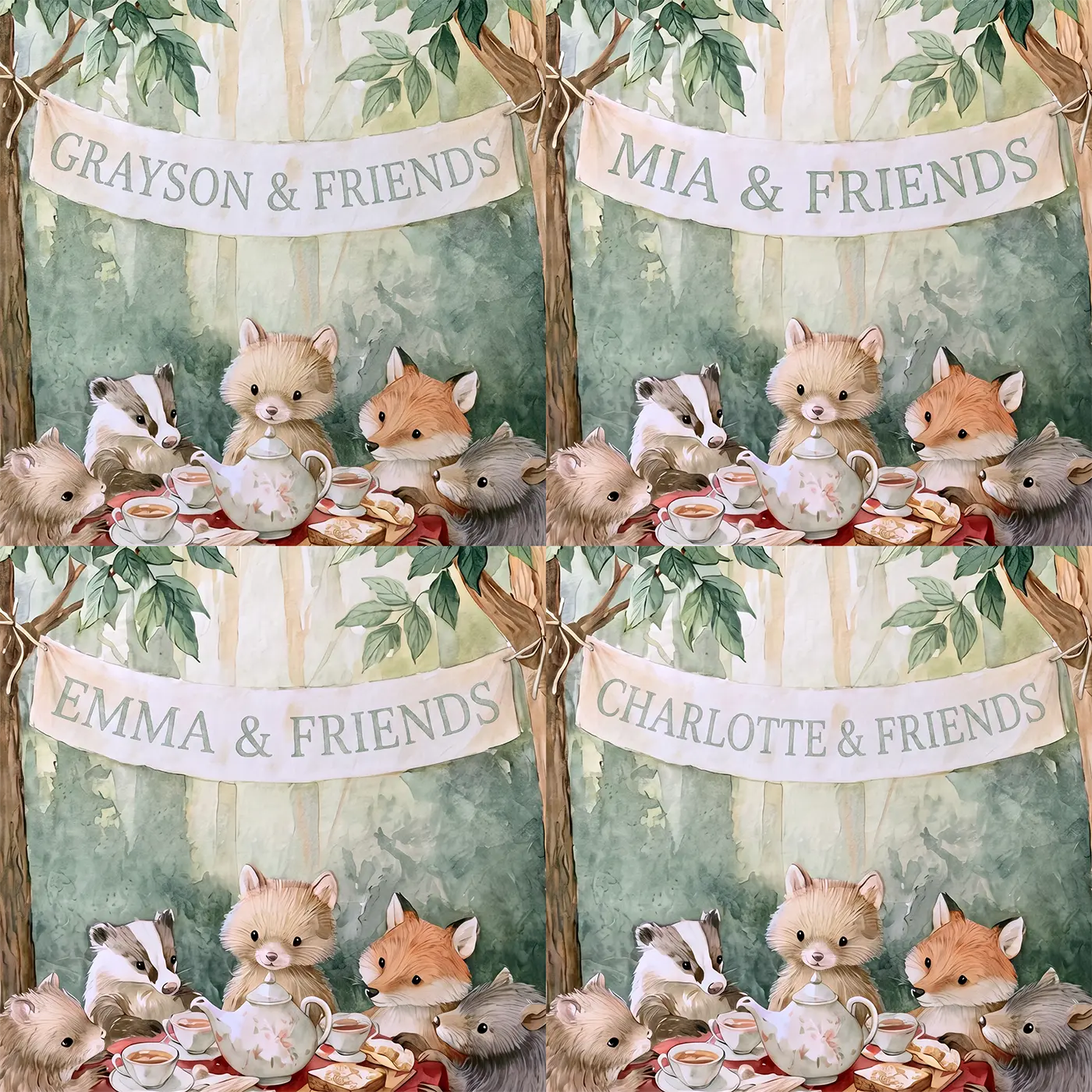Four name preview examples of Forest Tea Party Personalized Wall Mural by Whimsy Tots
