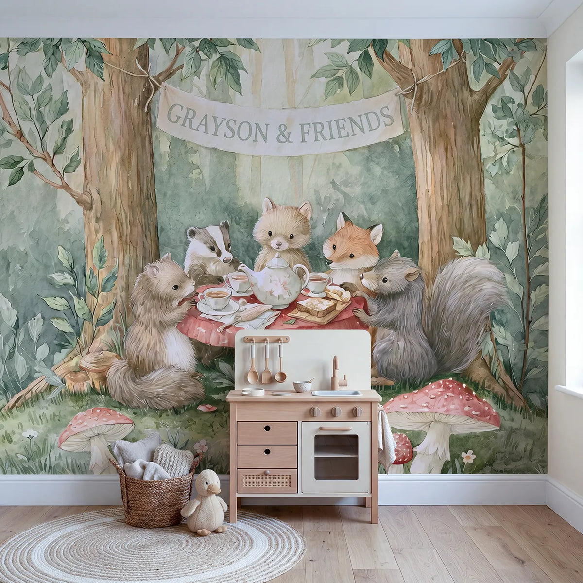 Forest Tea Party Personalized Wall Mural in playroom setting by Whimsy Tots