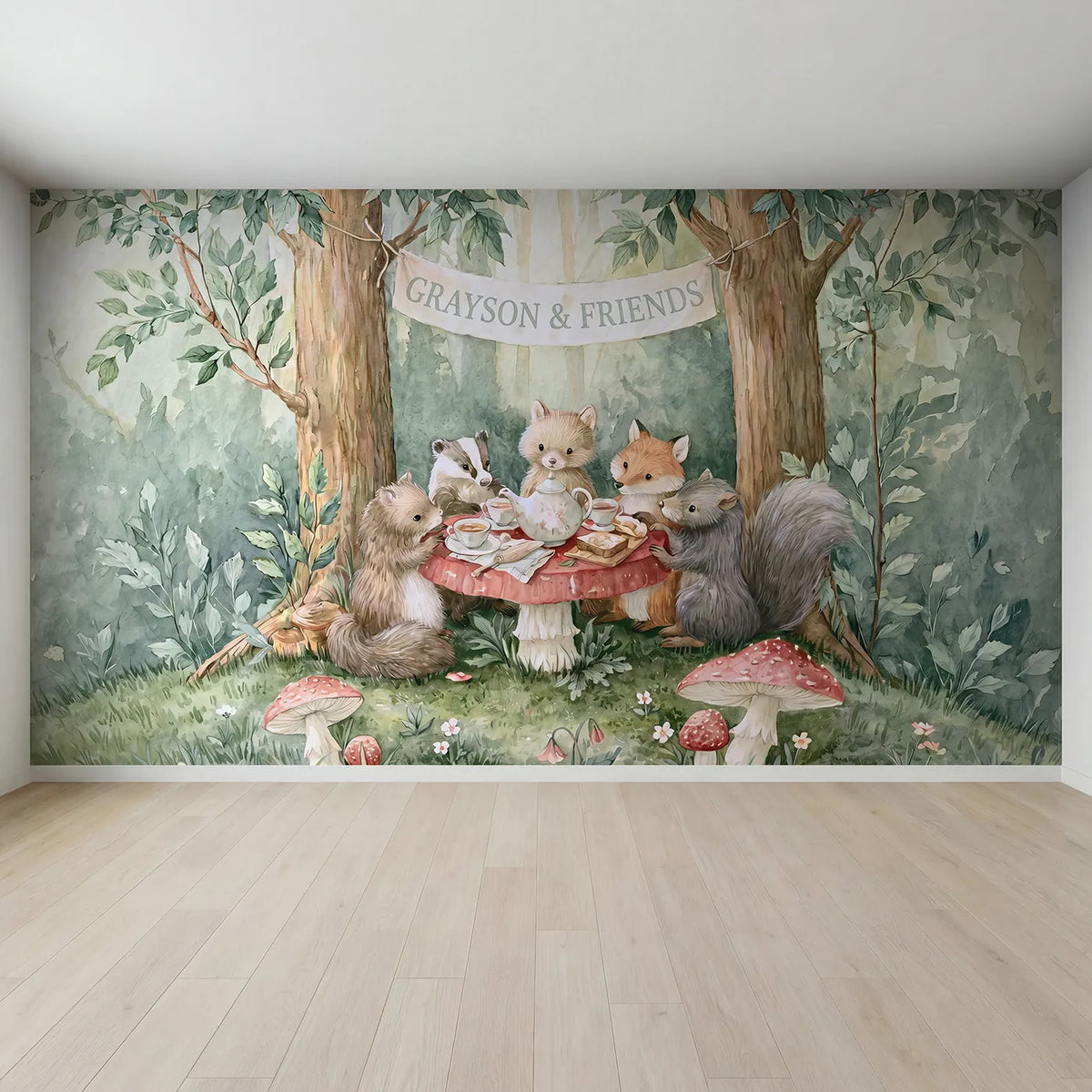 Full view of Forest Tea Party Personalized Wall Mural by Whimsy Tots