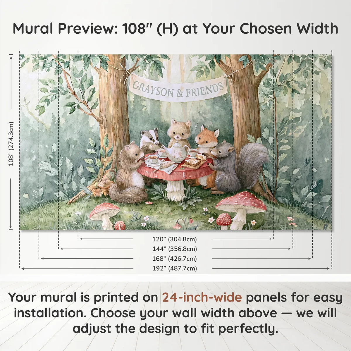 Panel layout and dimensions for Forest Tea Party Personalized Wall Mural by Whimsy Tots