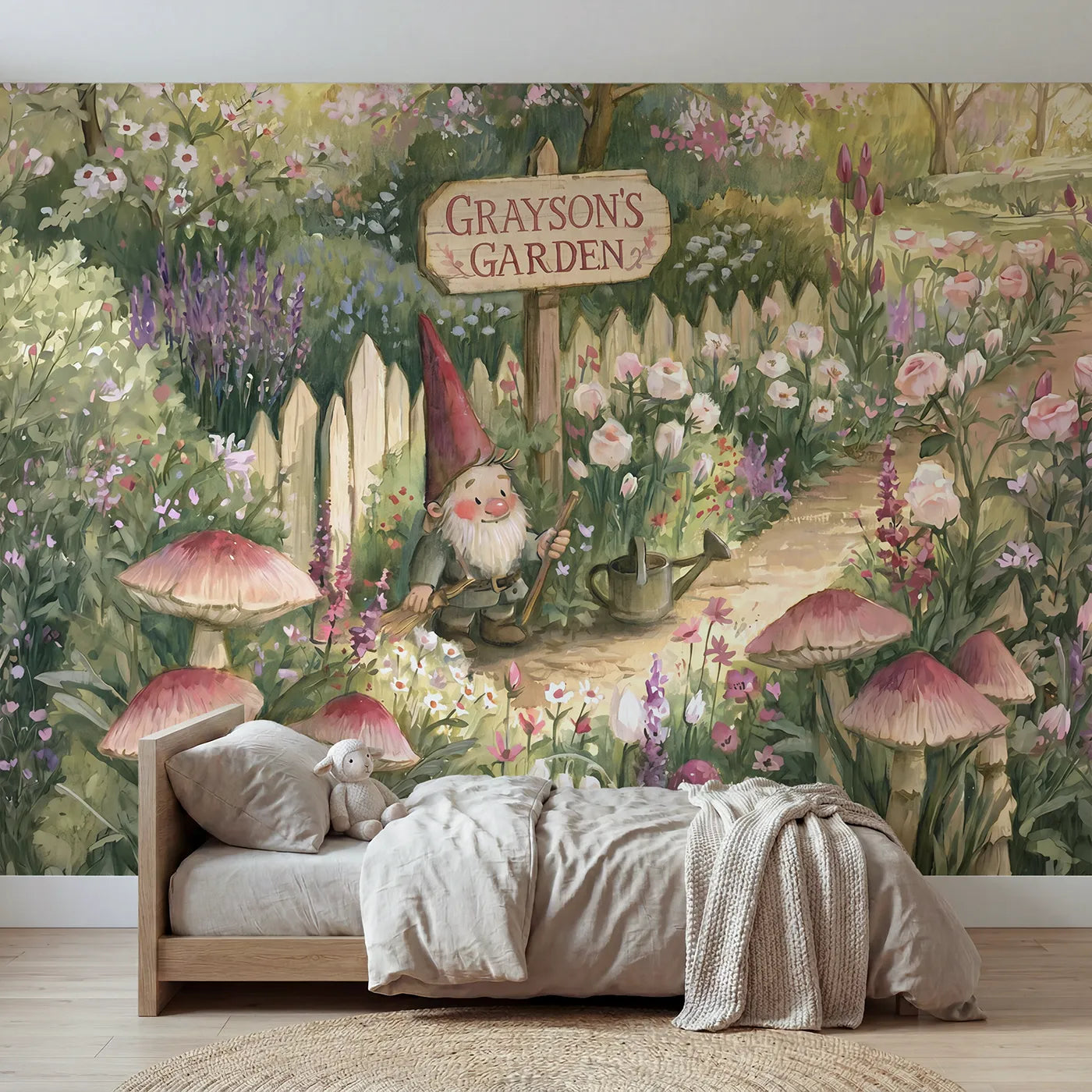 Storybook gnome garden personalized wall mural with name post for a kids room by Whimsy Tots