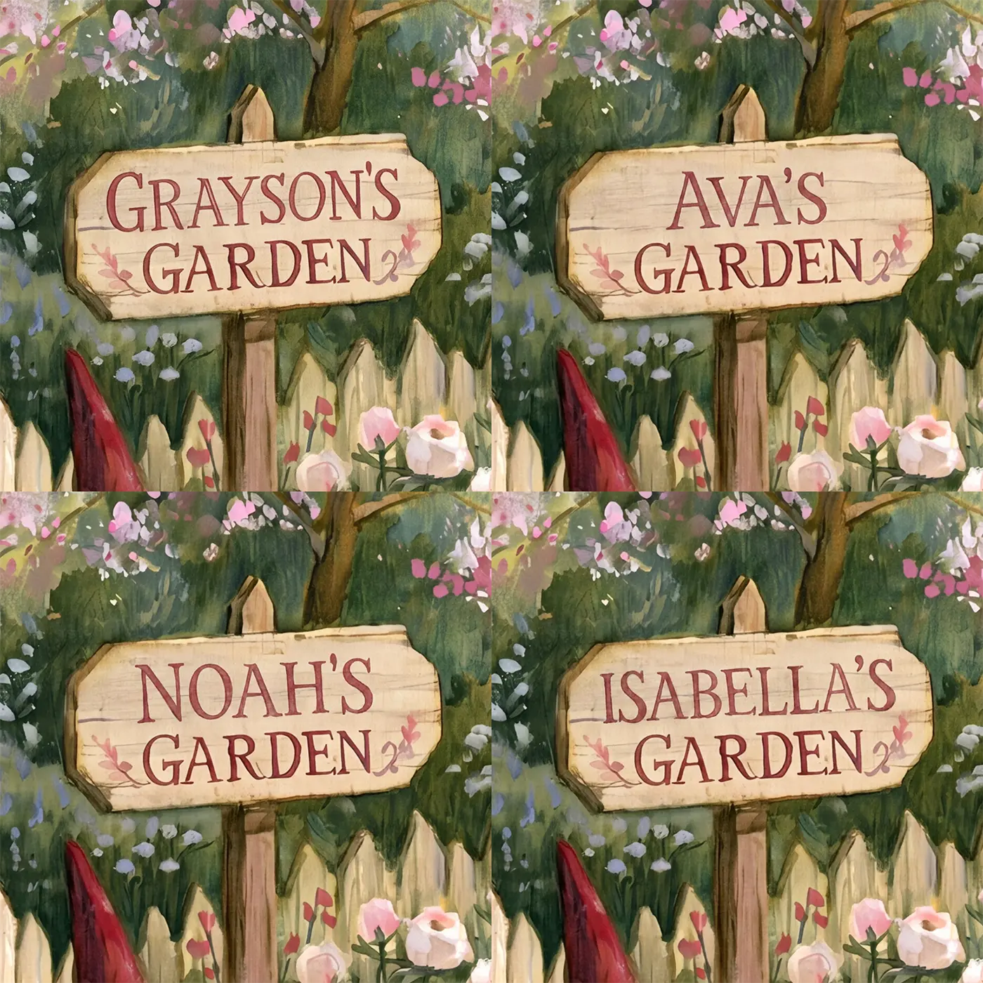 Four name preview examples of Gnome Cottage Garden Personalized Wall Mural by Whimsy Tots