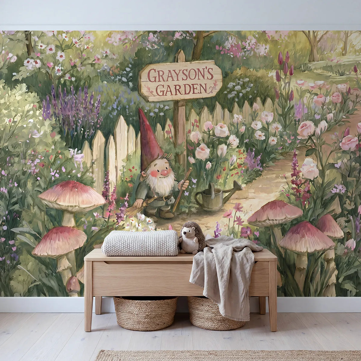 Gnome Cottage Garden Personalized Wall Mural in playroom setting by Whimsy Tots