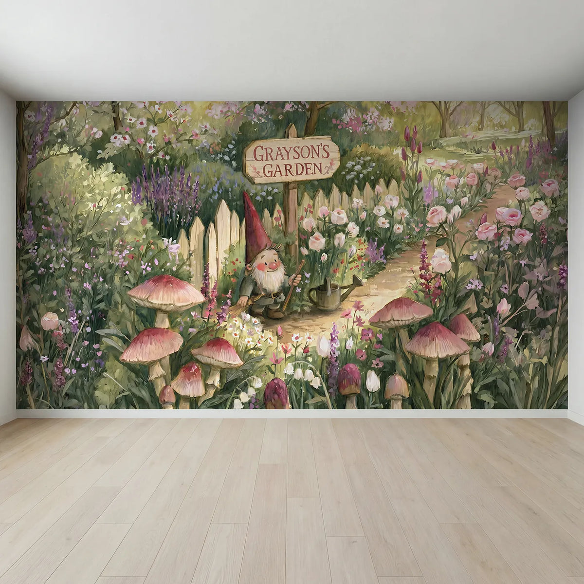 Full view of Gnome Cottage Garden Personalized Wall Mural by Whimsy Tots