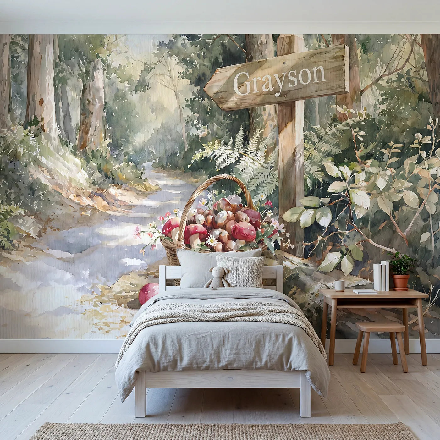 Watercolor foraging basket personalized wall mural with name fingerpost for a bedroom by Whimsy Tots