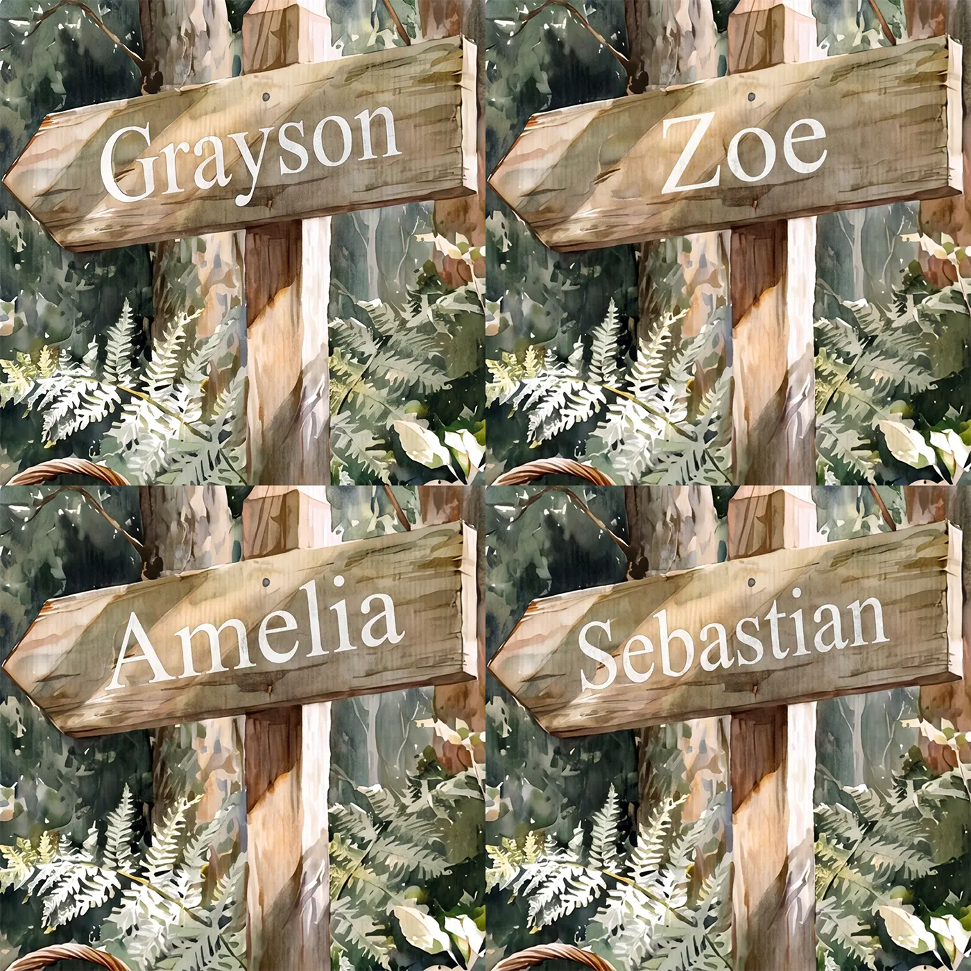 Four name preview examples of Woodland Foraging Basket Personalized Wall Mural by Whimsy Tots