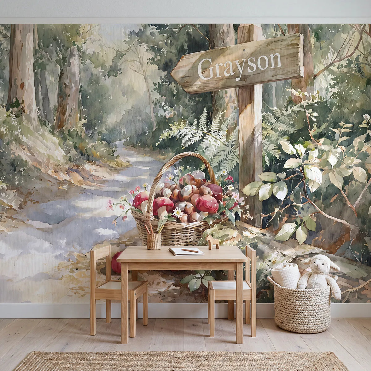 Woodland Foraging Basket Personalized Wall Mural in playroom setting by Whimsy Tots