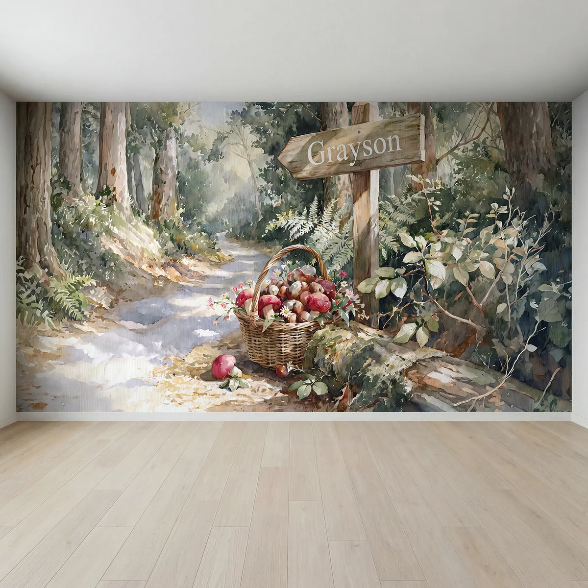 Full view of Woodland Foraging Basket Personalized Wall Mural by Whimsy Tots