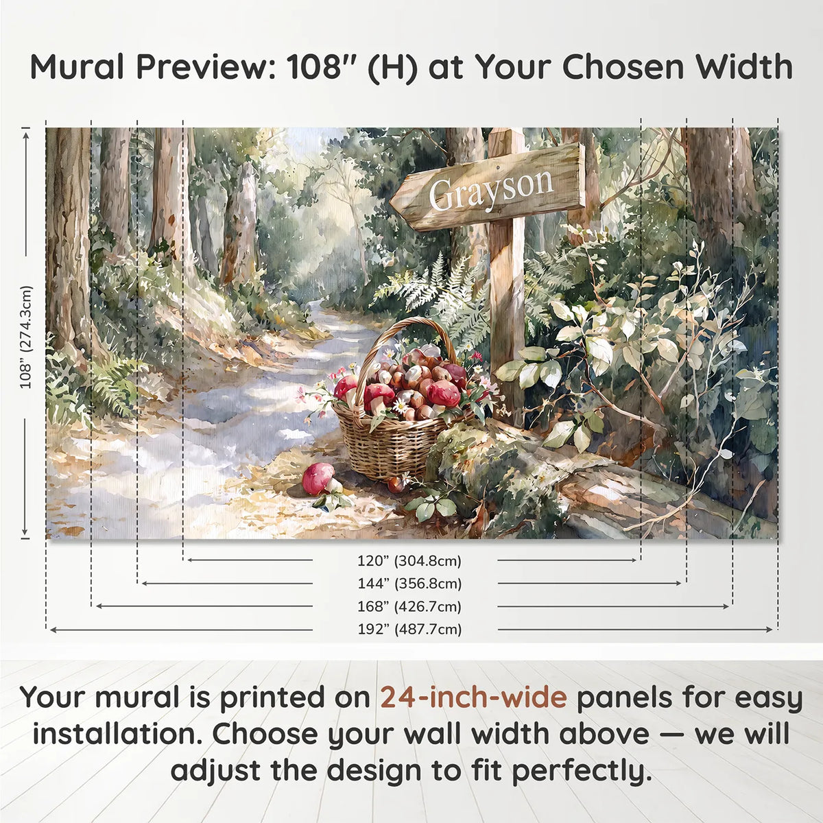 Panel layout and dimensions for Woodland Foraging Basket Personalized Wall Mural by Whimsy Tots