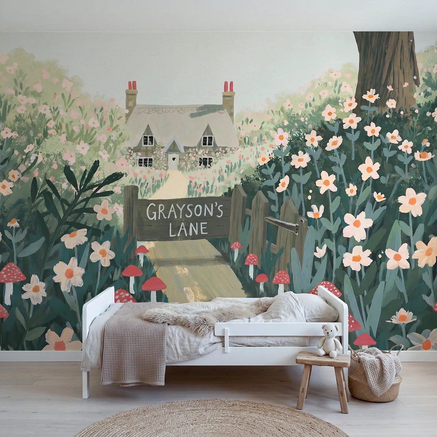 Modern Illustration folk cottage lane wall mural with name for a kids room by Whimsy Tots