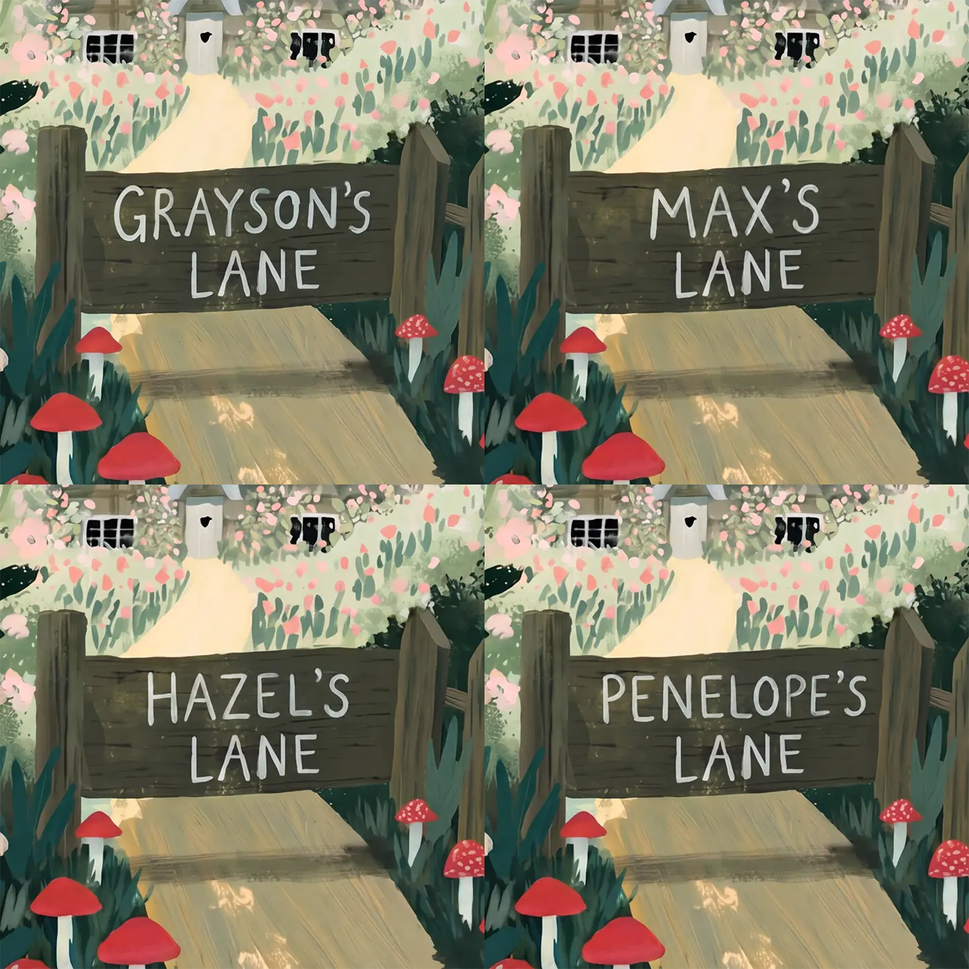 Four name preview examples of Folk Cottage Lane Personalized Wall Mural by Whimsy Tots