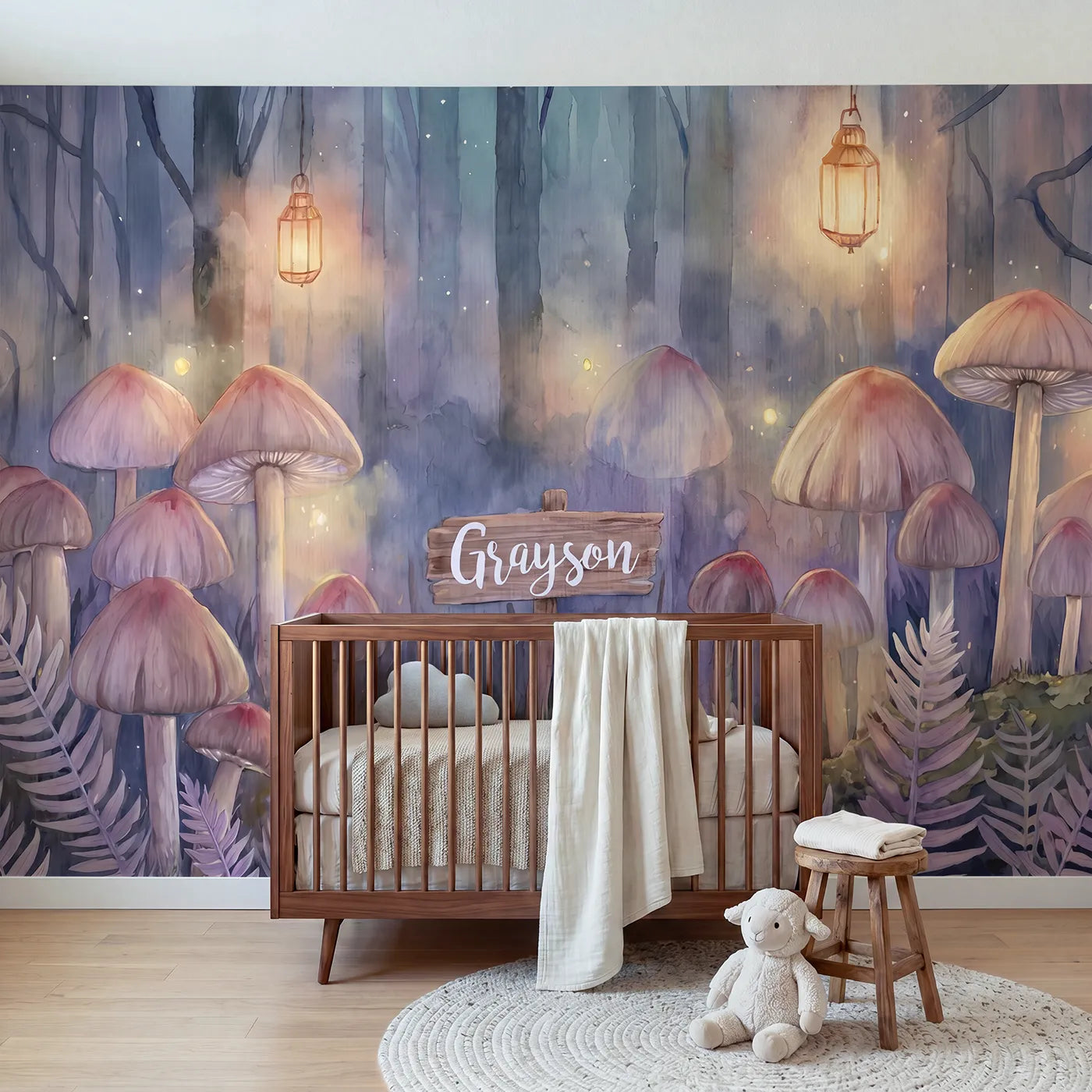 Watercolor glowing mushroom forest personalized wall mural with name for a nursery by Whimsy Tots