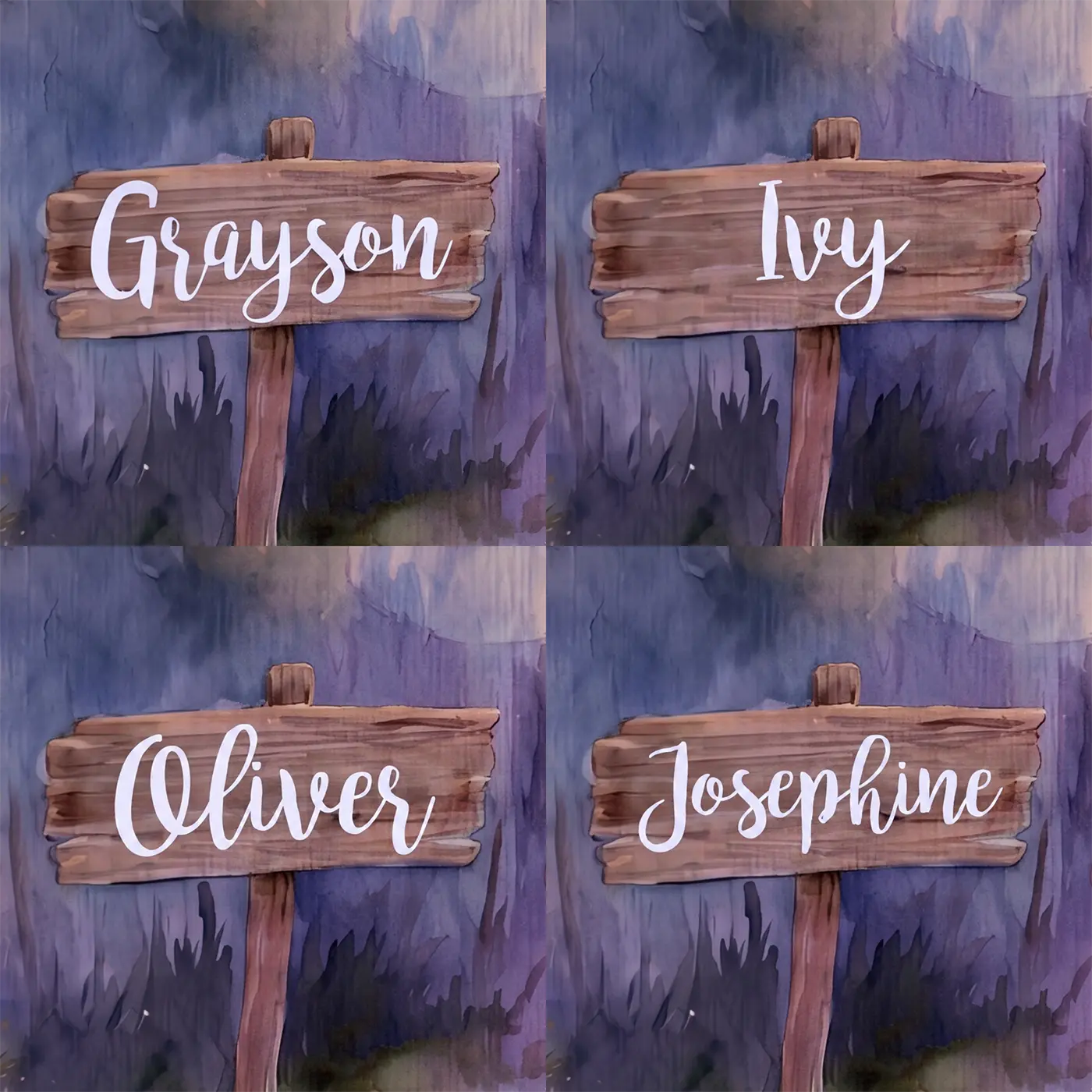 Four name preview examples of Glowing Mushroom Forest Personalized Wall Mural by Whimsy Tots