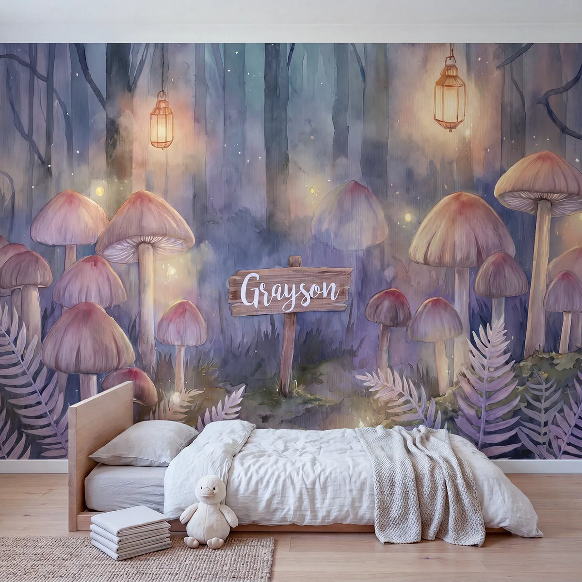 Glowing Mushroom Forest Personalized Wall Mural in playroom setting by Whimsy Tots