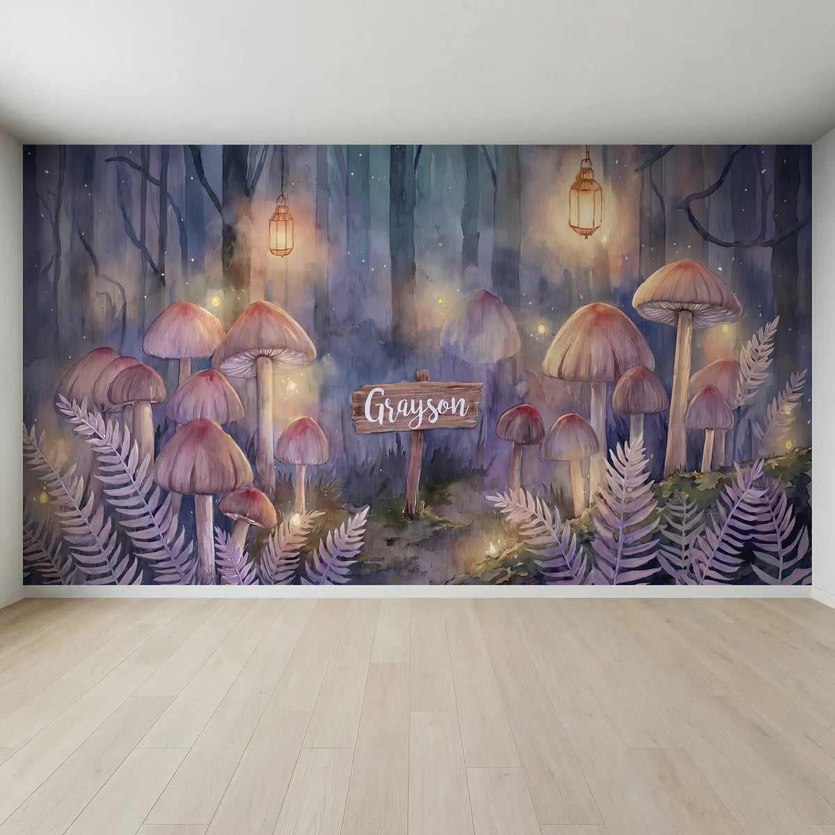 Full view of Glowing Mushroom Forest Personalized Wall Mural by Whimsy Tots