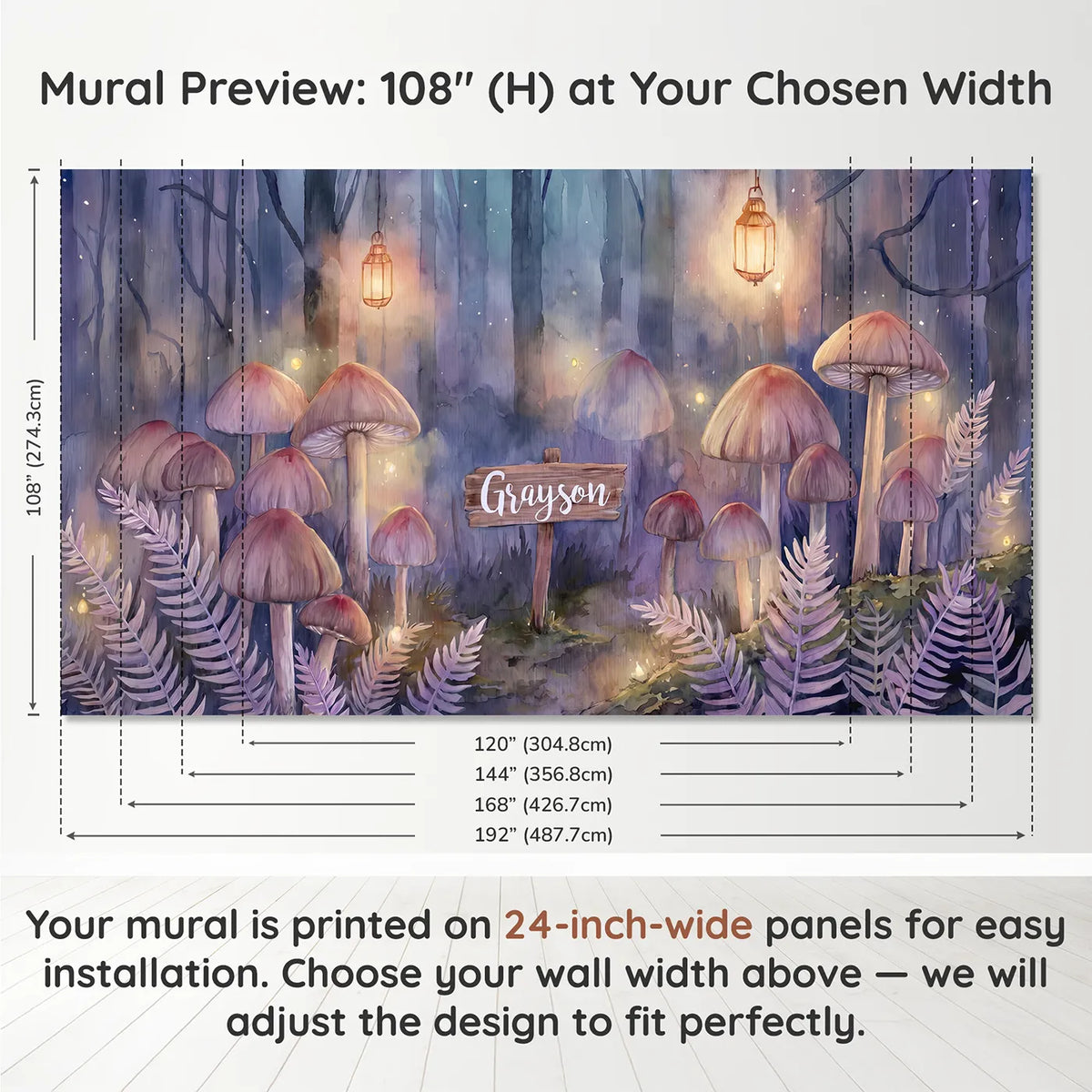 Panel layout and dimensions for Glowing Mushroom Forest Personalized Wall Mural by Whimsy Tots