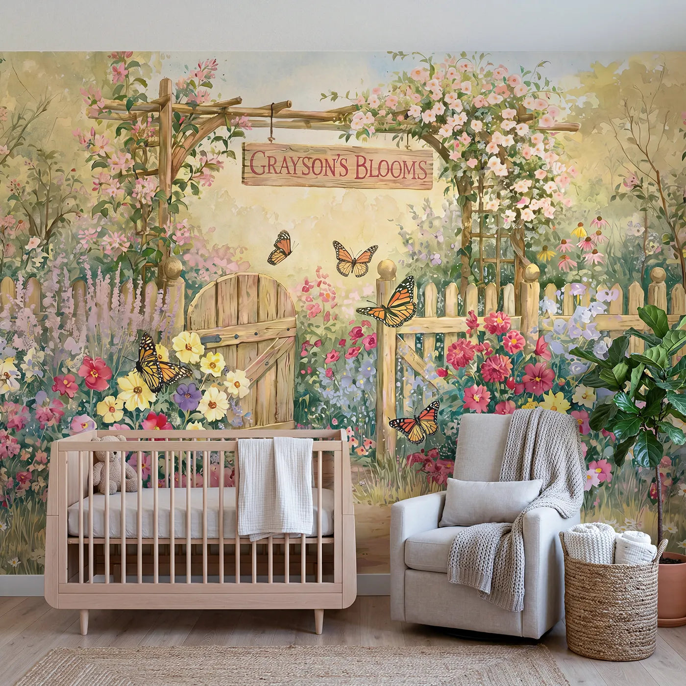 Storybook butterfly garden personalized wall mural with name trellis for a nursery by Whimsy Tots