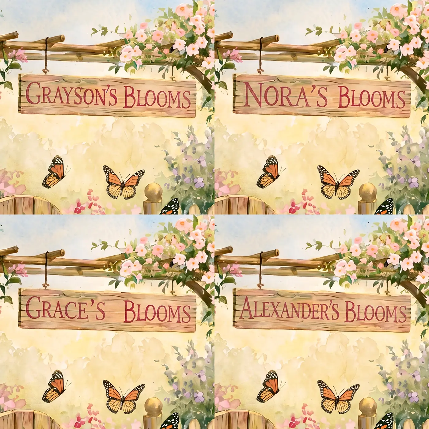 Four name preview examples of Sunny Butterfly Garden Personalized Wall Mural by Whimsy Tots