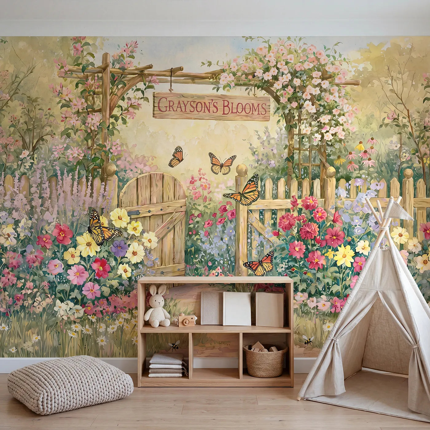 Sunny Butterfly Garden Personalized Wall Mural in playroom setting by Whimsy Tots