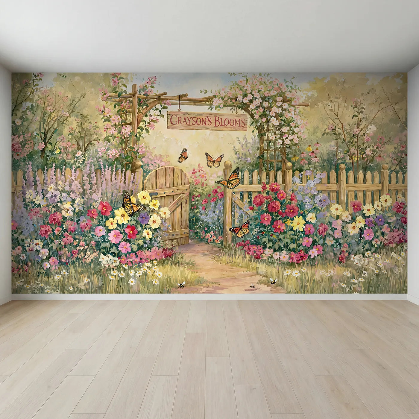 Full view of Sunny Butterfly Garden Personalized Wall Mural by Whimsy Tots