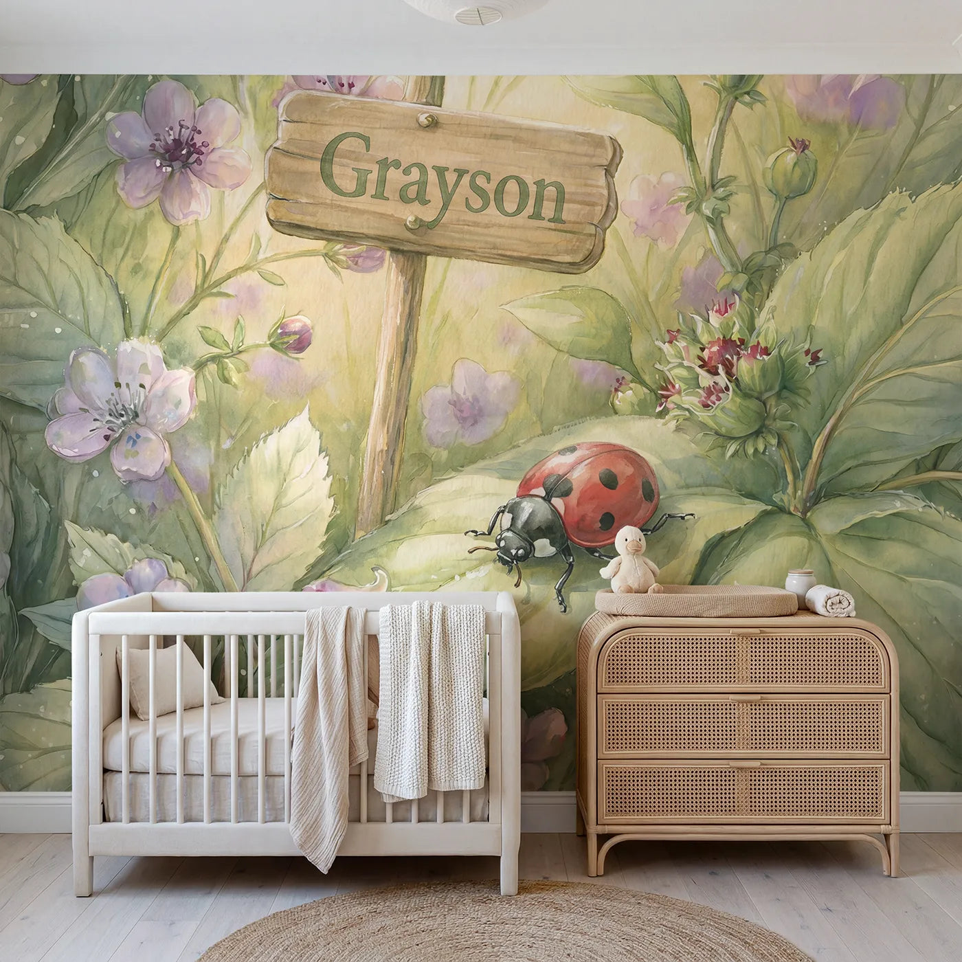 Storybook ladybug garden personalized wall mural with name stake for a kids room by Whimsy Tots