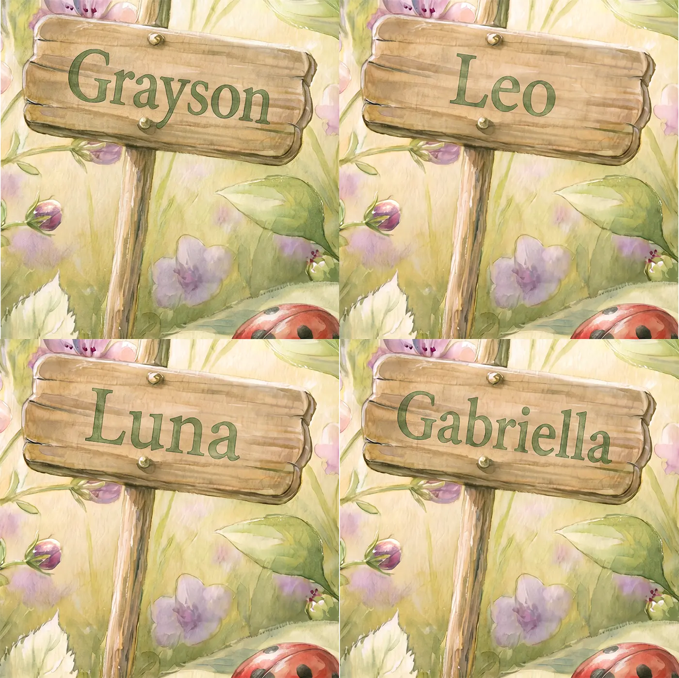 Four name preview examples of Cheerful Little Ladybug Personalized Wall Mural by Whimsy Tots