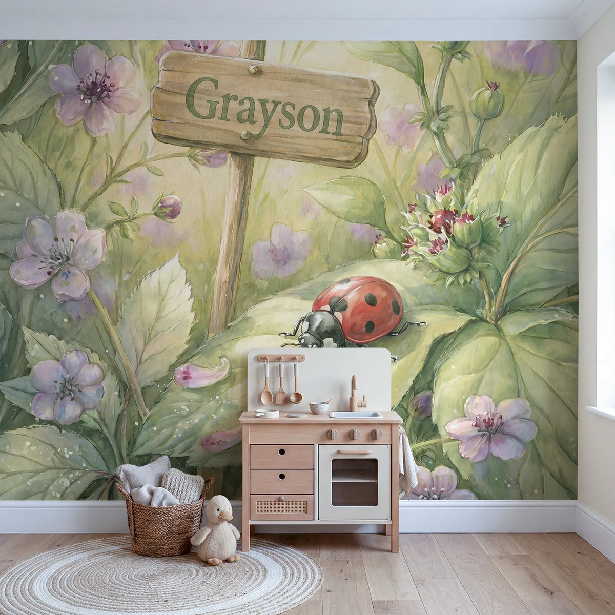 Cheerful Little Ladybug Personalized Wall Mural in playroom setting by Whimsy Tots