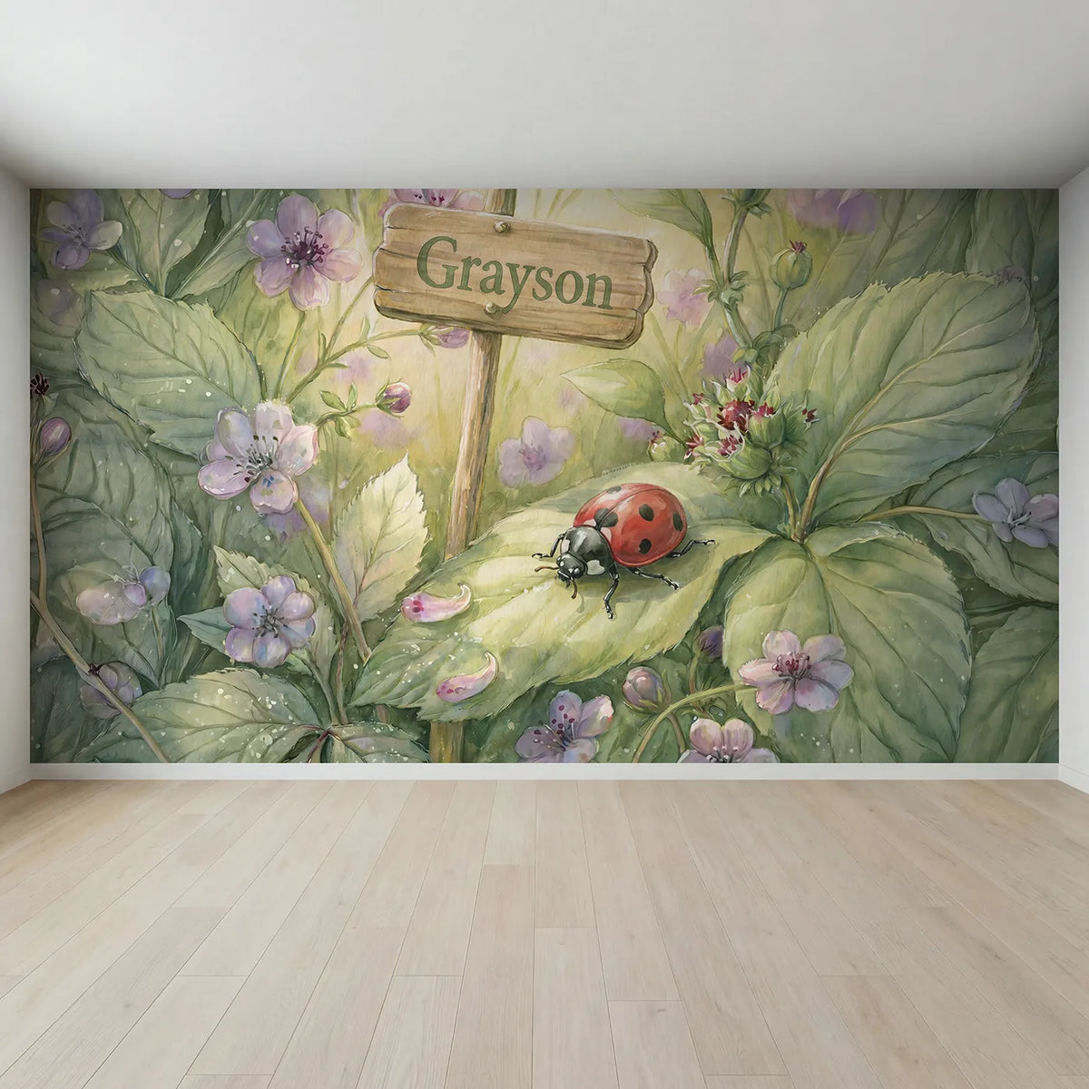 Full view of Cheerful Little Ladybug Personalized Wall Mural by Whimsy Tots