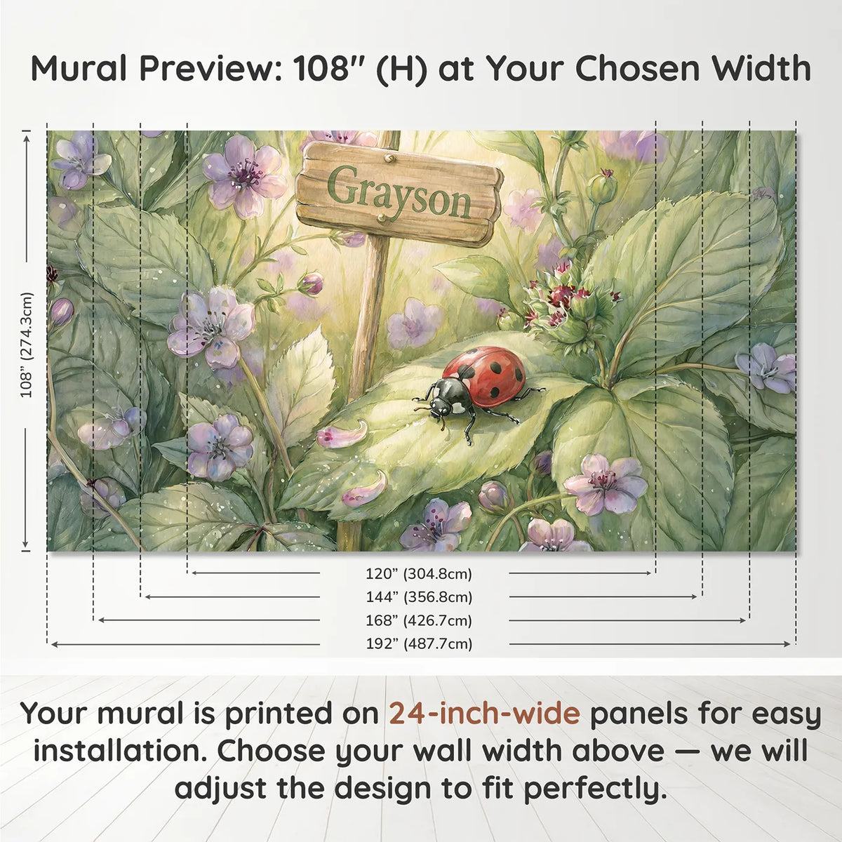 Panel layout and dimensions for Cheerful Little Ladybug Personalized Wall Mural by Whimsy Tots