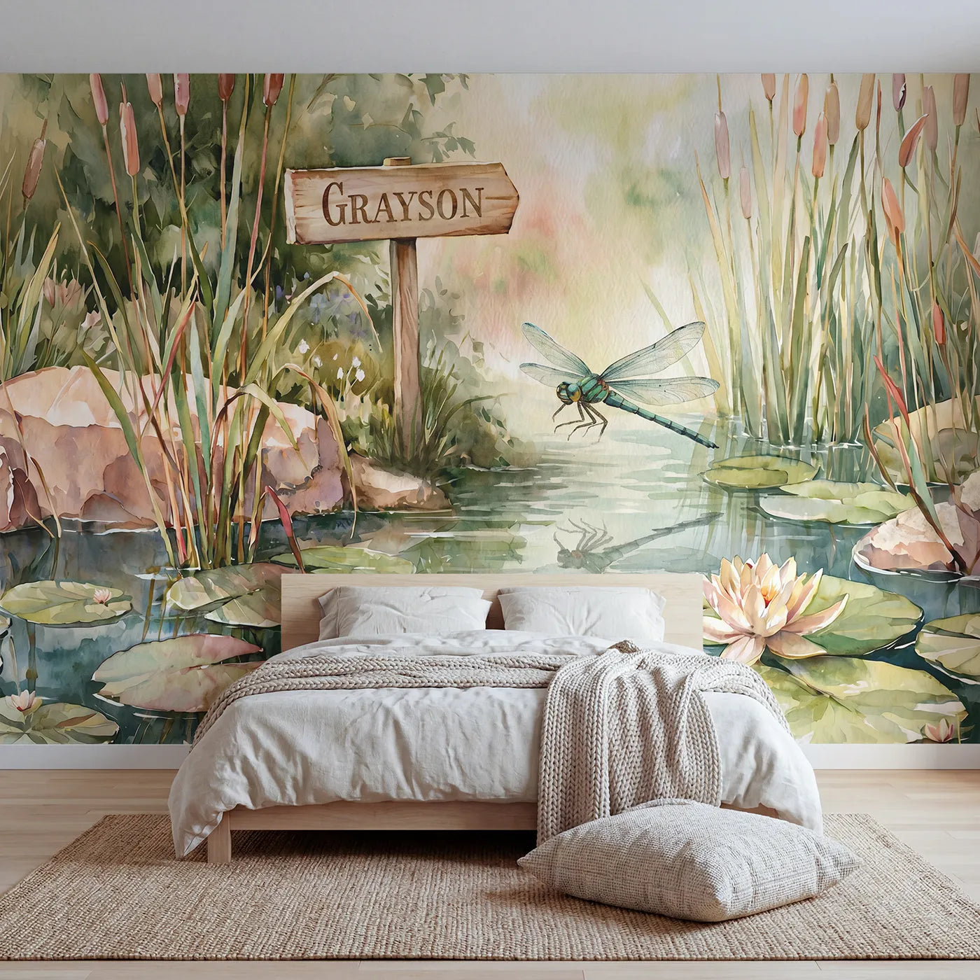 Watercolor dragonfly lily pond personalized wall mural with name for a bedroom by Whimsy Tots