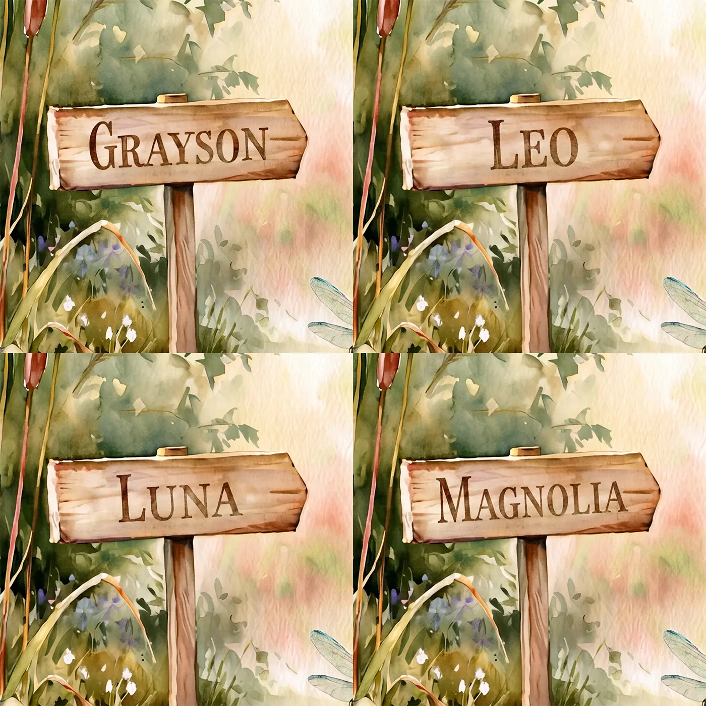 Four name preview examples of Dragonfly Lily Pond Personalized Wall Mural by Whimsy Tots