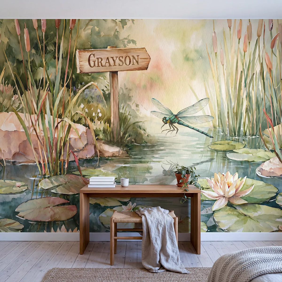 Dragonfly Lily Pond Personalized Wall Mural in playroom setting by Whimsy Tots