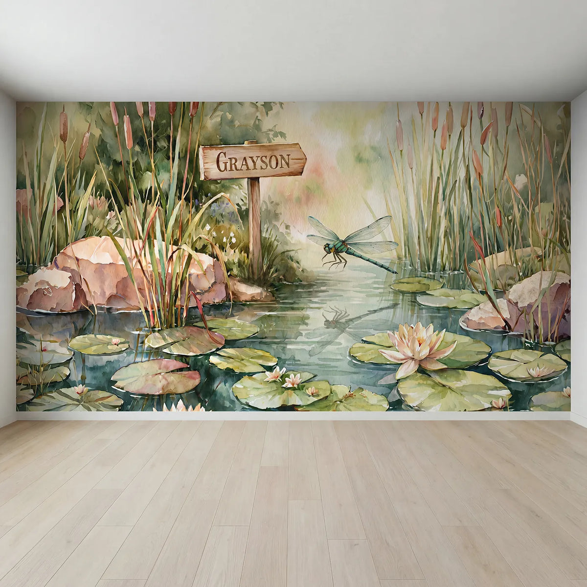 Full view of Dragonfly Lily Pond Personalized Wall Mural by Whimsy Tots