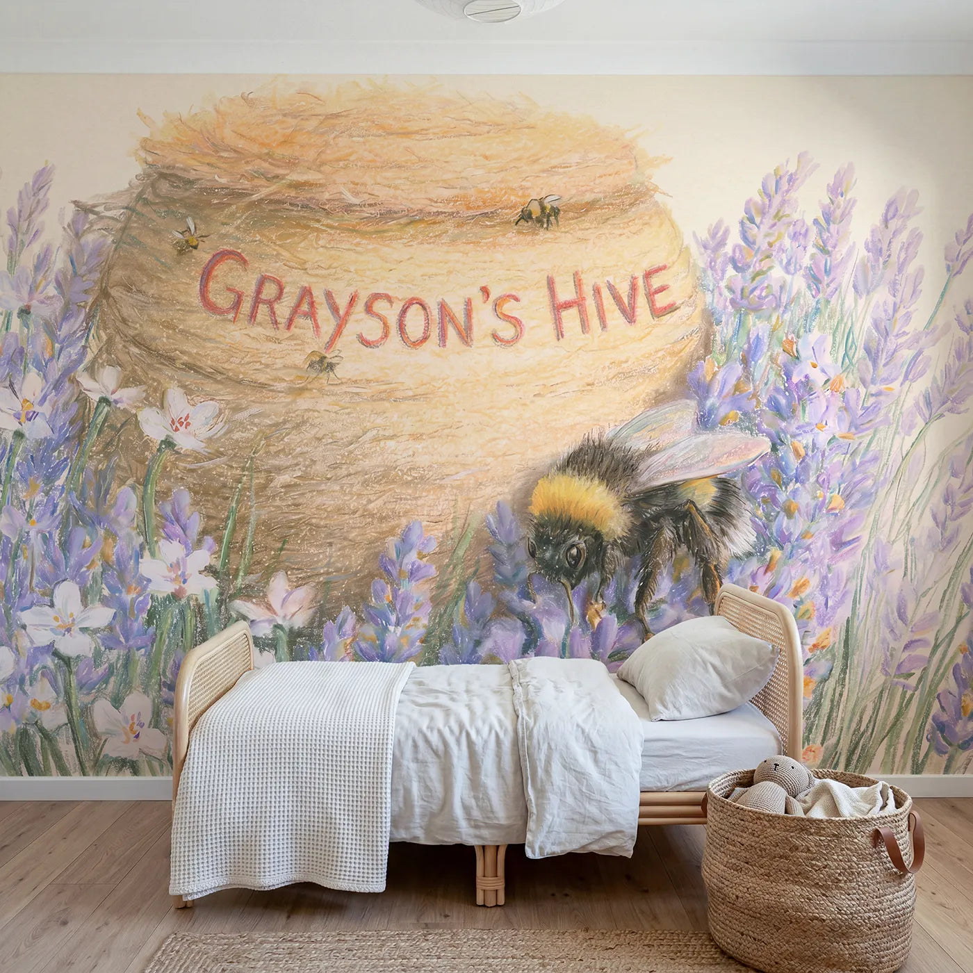 Colored Pencil bumblebee lavender personalized wall mural with name for a kids room by Whimsy Tots
