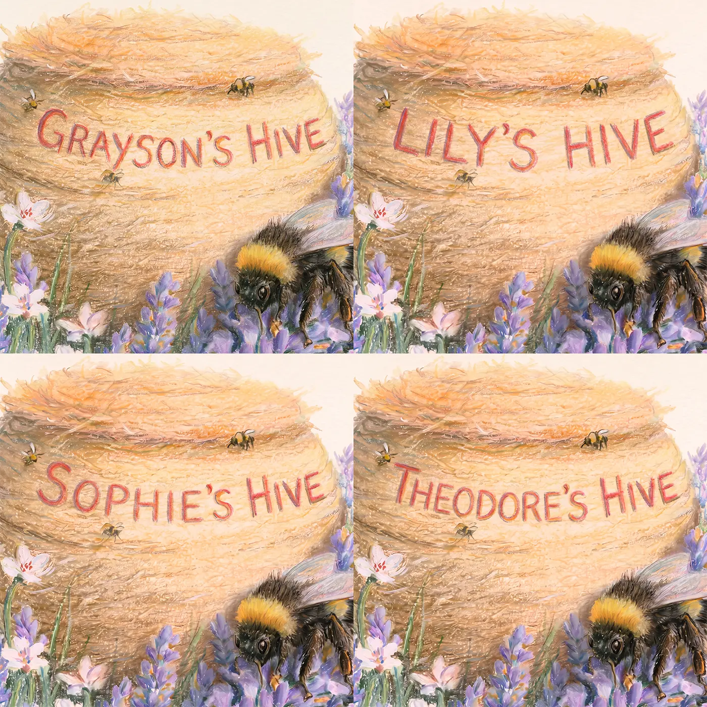 Four name preview examples of Fuzzy Bumblebee Lavender Personalized Wall Mural by Whimsy Tots