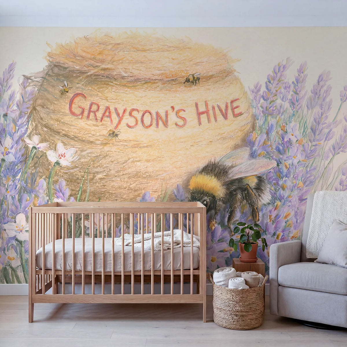 Fuzzy Bumblebee Lavender Personalized Wall Mural in playroom setting by Whimsy Tots