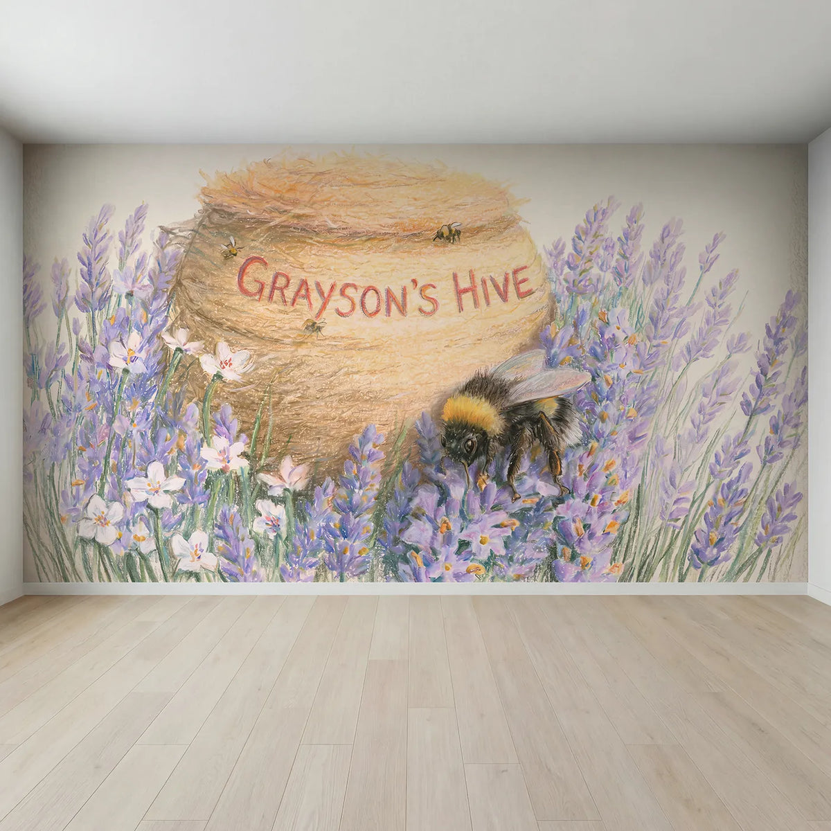 Full view of Fuzzy Bumblebee Lavender Personalized Wall Mural by Whimsy Tots