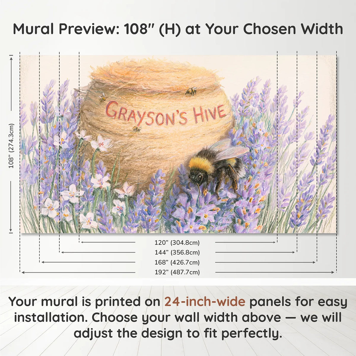 Panel layout and dimensions for Fuzzy Bumblebee Lavender Personalized Wall Mural by Whimsy Tots