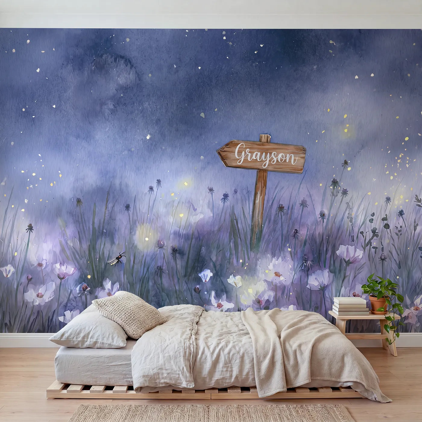 Watercolor firefly garden personalized wall mural with name signpost for a nursery by Whimsy Tots