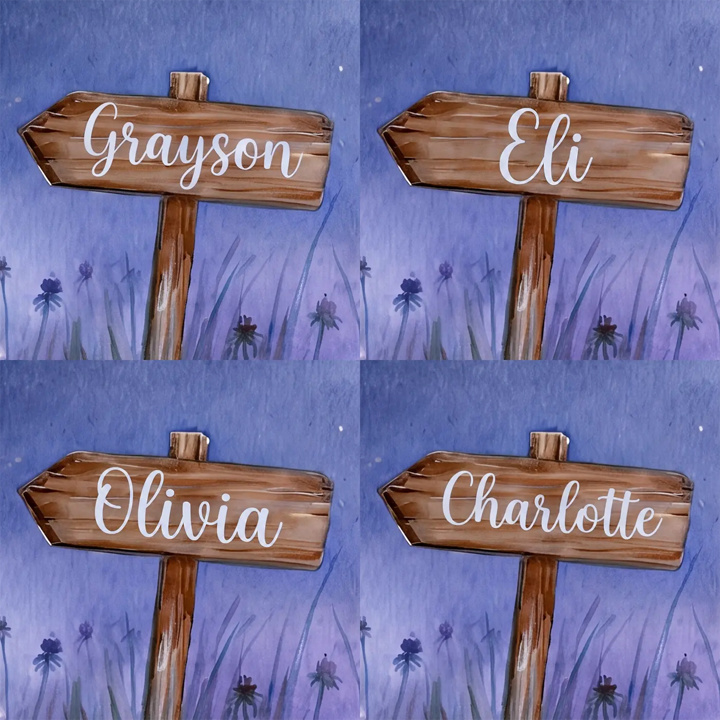 Four name preview examples of Dreamy Firefly Evening Personalized Wall Mural by Whimsy Tots