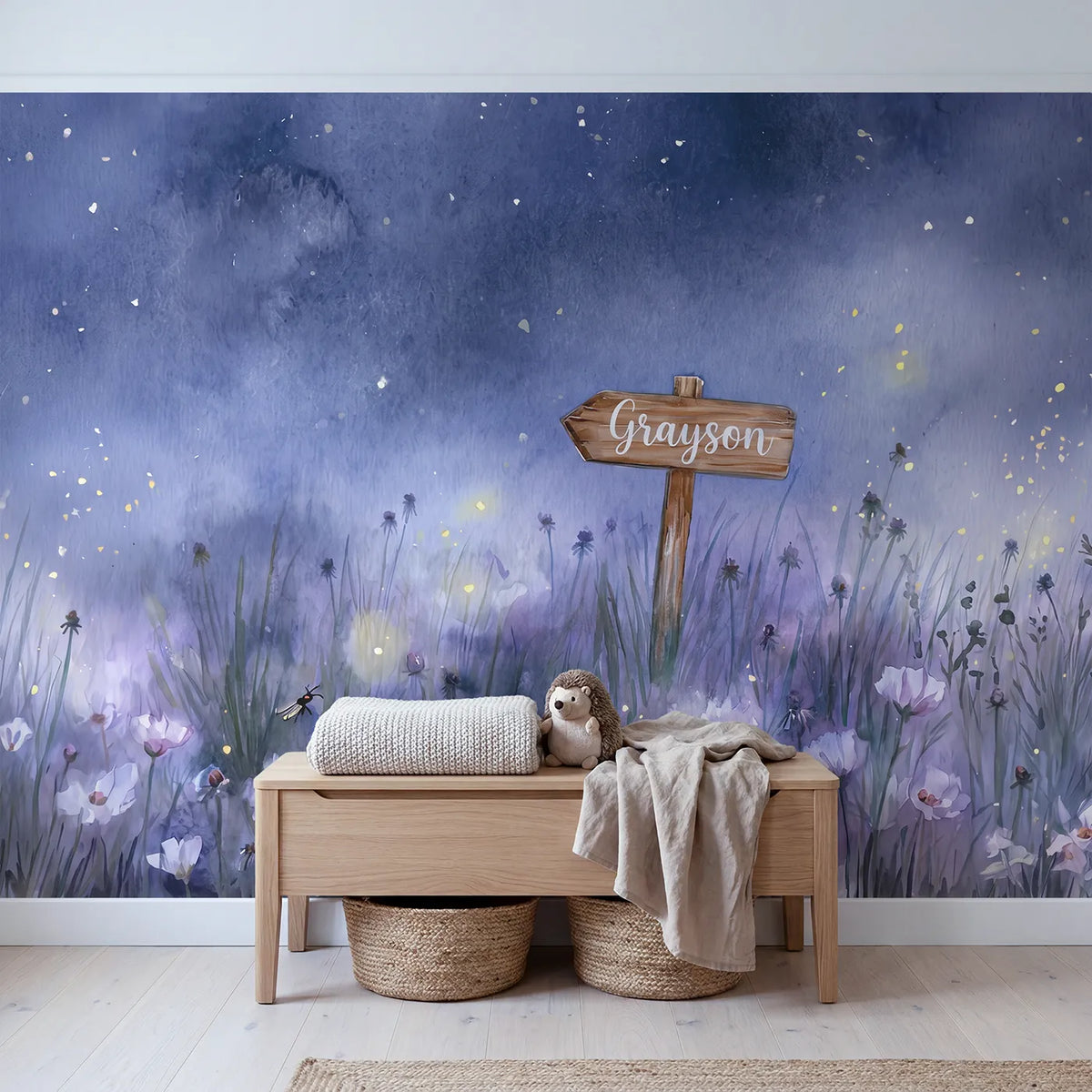 Dreamy Firefly Evening Personalized Wall Mural in playroom setting by Whimsy Tots